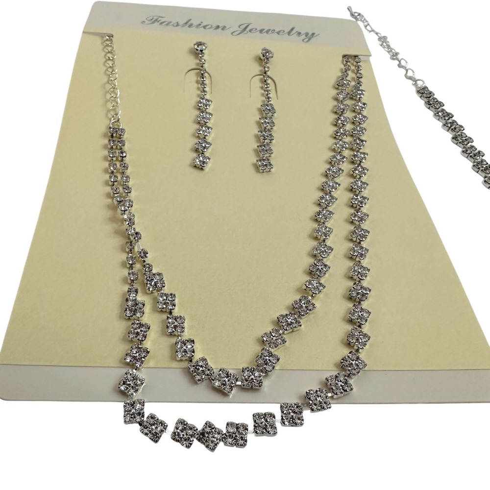 Silver Tone Rhinestone Jewelry Set Layered Necklace Bracelet Drop Earrings New